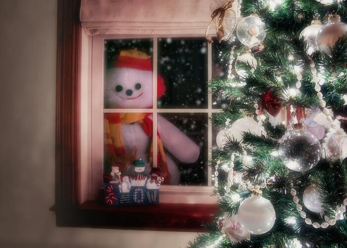 Snowman Greeting Card featuring the photograph Snowman at the Window by Tom Mc Nemar
