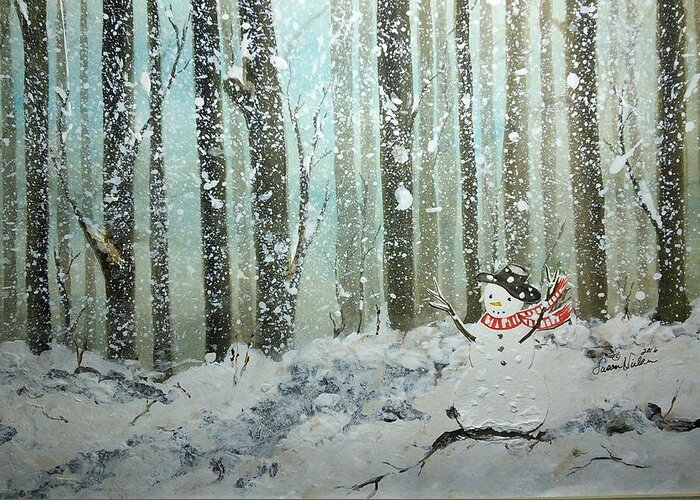  Christmas Greeting Card featuring the painting Snowman in Blizzard by Susan Nielsen