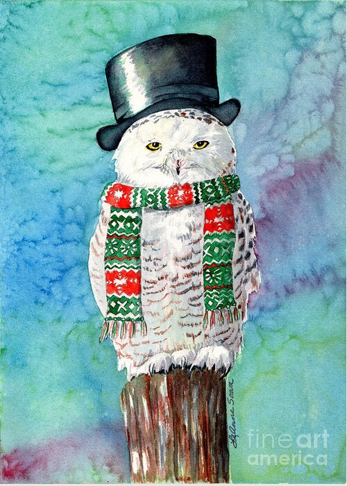 Owls Greeting Card featuring the painting Snowman Owl by LeAnne Sowa