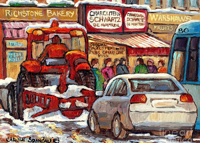 Montreal Greeting Card featuring the painting Snowplow Winter Scene Painting For Sale 80 Bus To Schwartz Deli C Spandau Richstone Warshaw Art   by Carole Spandau