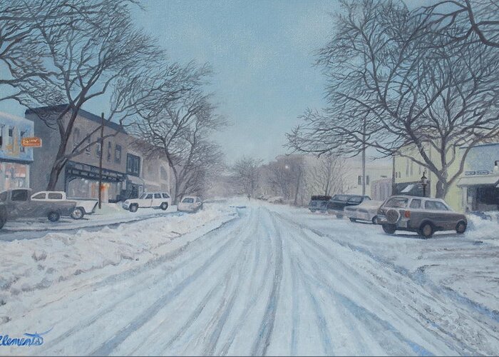Sag Harbor Greeting Card featuring the painting Snowy day on Main Street, Sag Harbor by Barbara Barber