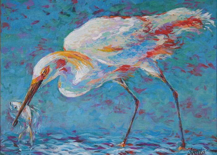 Bird Greeting Card featuring the painting Snowy Egret's Prized Catch by Jyotika Shroff