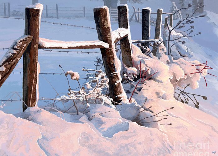 Frozen Greeting Card featuring the painting Snowy Fence Line by Jackie Case