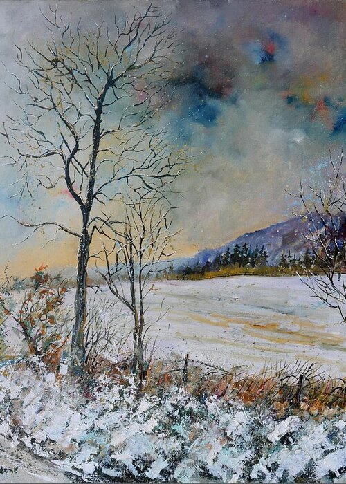 Landscape Greeting Card featuring the painting Snowy landscape by Pol Ledent