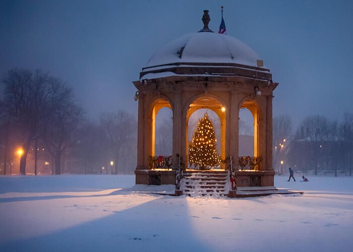 Salem Greeting Card featuring the photograph Snowy night on the Salem Common by Jeff Folger
