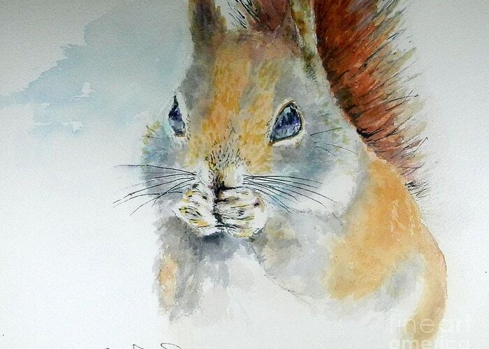 Squirrel Greeting Card featuring the painting Snowy Red Squirrel by William Reed