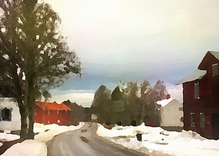 Snowy Greeting Card featuring the digital art Snowy Street with Red House by Shelli Fitzpatrick