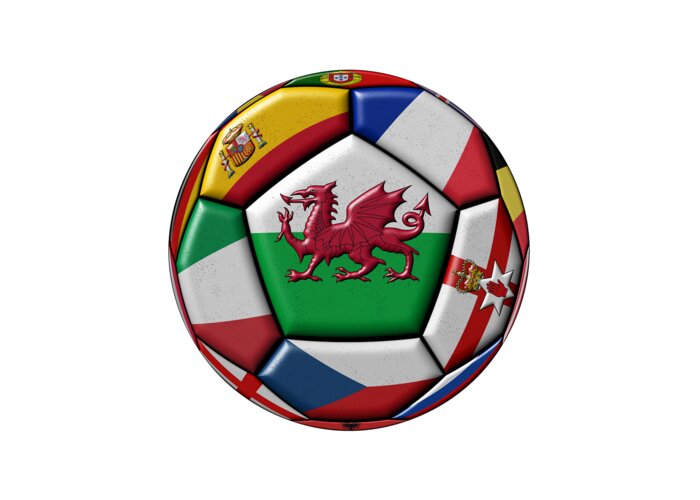 Europe Greeting Card featuring the digital art Soccer ball with flag of Wales in the center by Michal Boubin