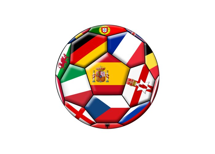Europe Greeting Card featuring the digital art Soccer ball with flags - flag of Spain in the center by Michal Boubin
