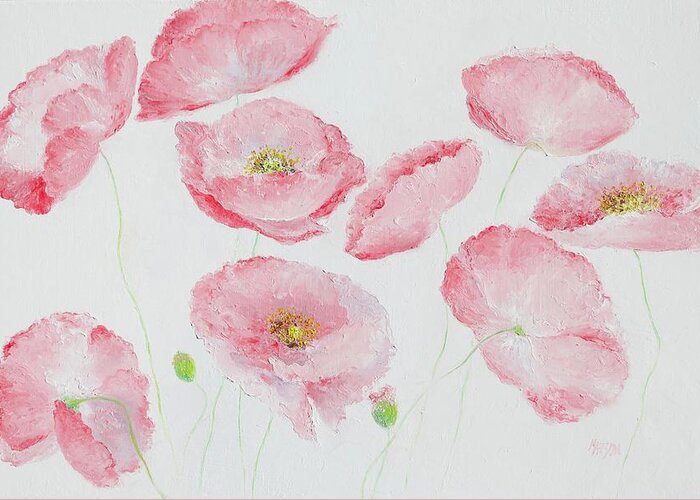 Pink Poppies Greeting Card featuring the painting Soft Pink Poppies by Jan Matson