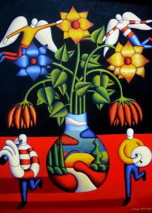 Softvase With Flowers And Figures Greeting Card featuring the painting Softvase with flowers and figures by Alan Kenny