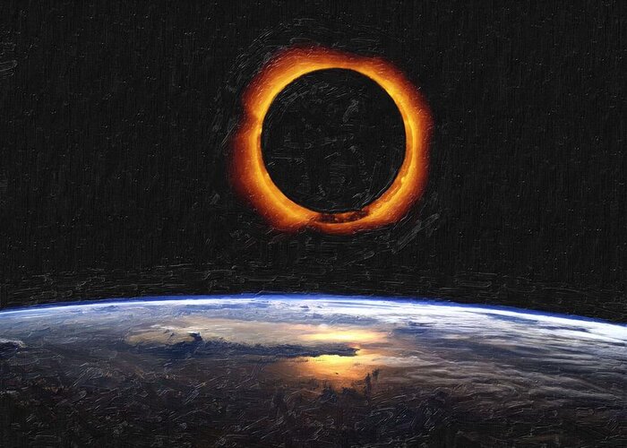 Sun Greeting Card featuring the painting Solar Eclipse from above the earth painting by Celestial Images