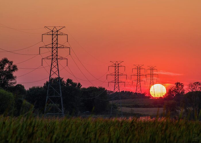Sun Sunset Power Electricity Power Lines Landscape Marsh Cattails Horizontal Orange Green Yellow Greeting Card featuring the photograph Solar Power by Peter Herman