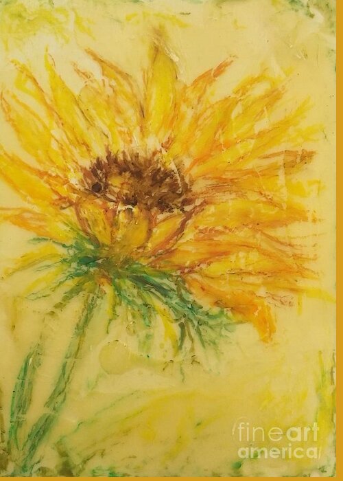 Encaustic Greeting Card featuring the painting Solo Sunflower by Christine Chin-Fook