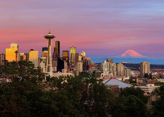 Seattle Skyline Greeting Card featuring the photograph Solstice Sunset by Briand Sanderson