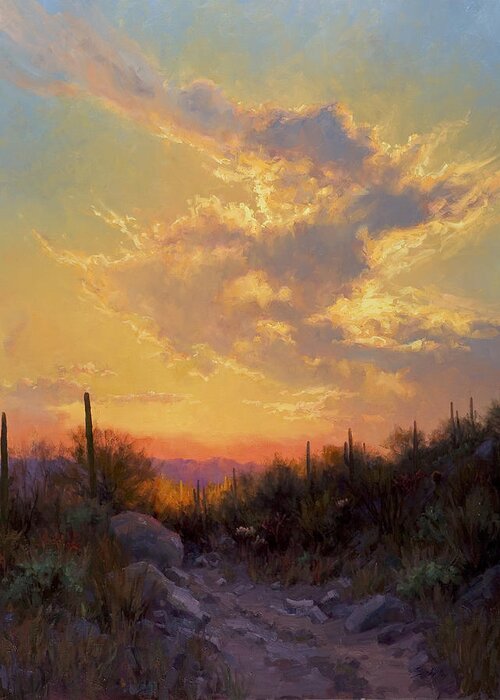 Sunset Greeting Card featuring the painting Sonoran Glow by Becky Joy