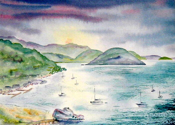 Tortola Greeting Card featuring the painting Sopers Hole Sunset by Diane Kirk