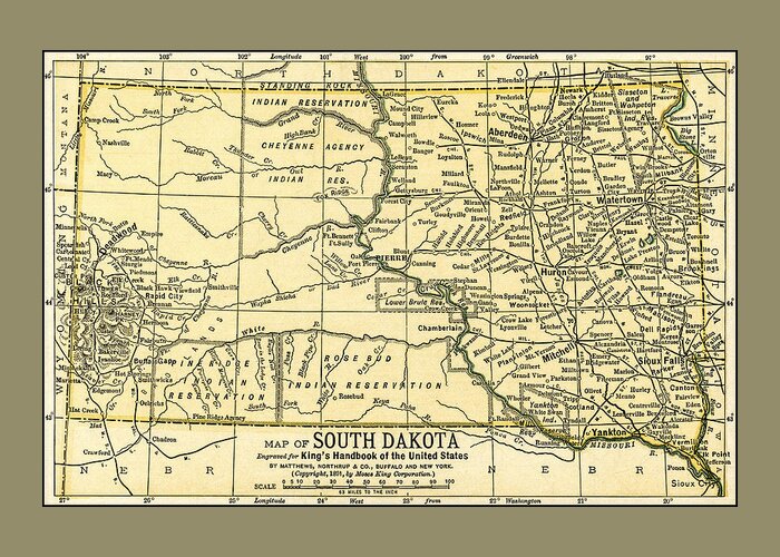 Map Greeting Card featuring the photograph South Dakota Antique Map 1891 by Phil Cardamone