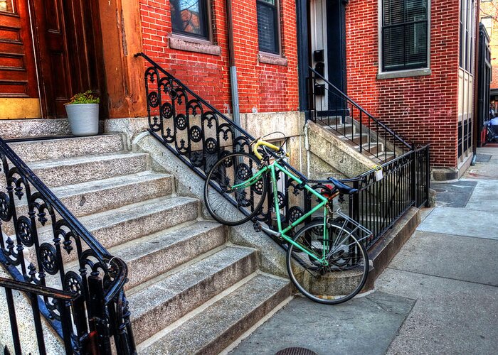 Boston Greeting Card featuring the photograph South End Locked up Bike Brownstone Boston MA by Toby McGuire