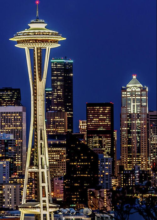 Seattle Greeting Card featuring the photograph Space Needle and Skyline at Dusk by Rob Green