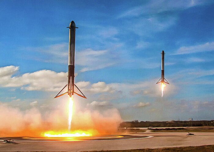 Spacex Greeting Card featuring the photograph SpaceX Falcon Heavy booster landing by SpaceX