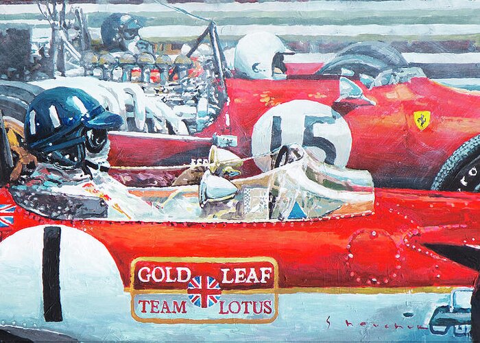 Acrylic On Canvas Greeting Card featuring the painting Spain GP 1969 Lotus 49 Hill Ferrari 312 Amon Lotus 49B Rindt by Yuriy Shevchuk