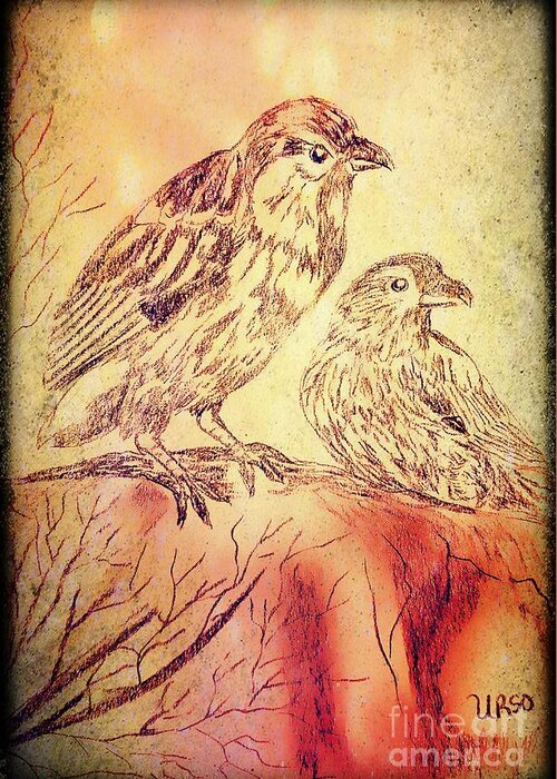 Sparrows 2 Greeting Card featuring the mixed media Sparrows 2 by Maria Urso
