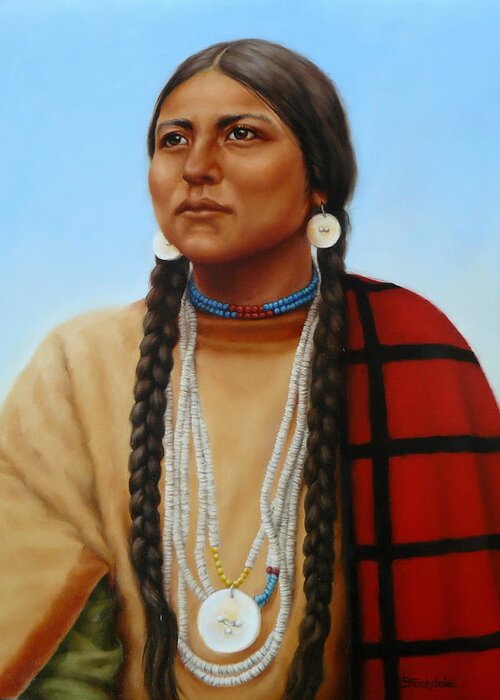 Portrait Greeting Card featuring the painting Spirit And Dignity-Native American Woman by Margaret Stockdale