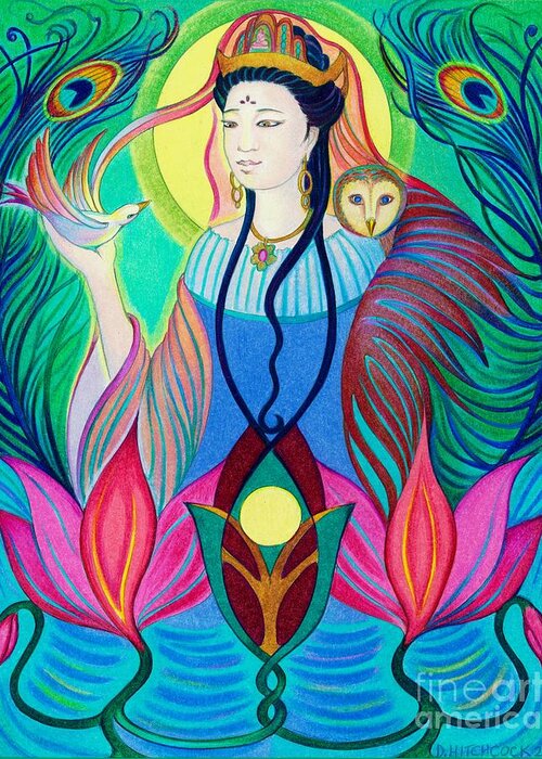 Spiritual Greeting Card featuring the drawing Spirit Guide Quan Yin by Debra Hitchcock