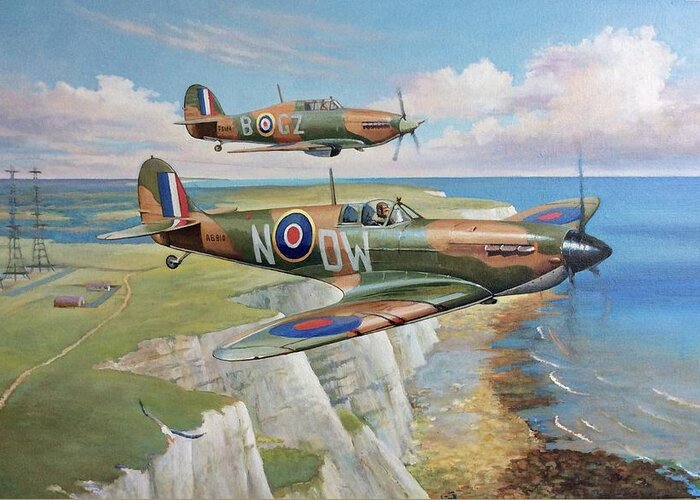 Spitfire Greeting Card featuring the painting Spitfire and Hurricane 1940 by Mike Jeffries