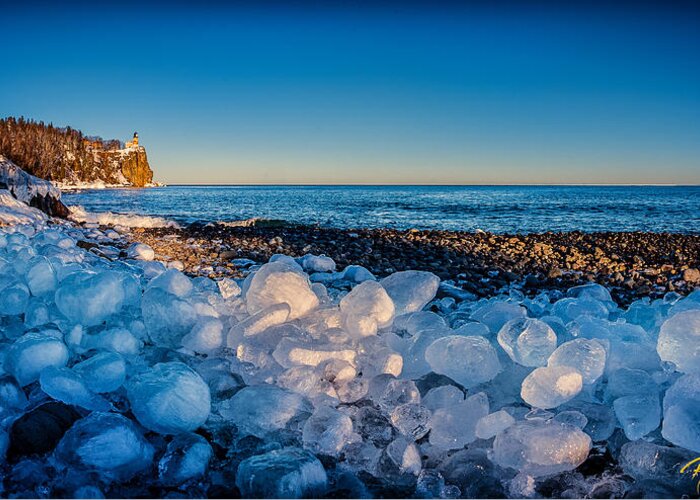 Ice Greeting Card featuring the photograph Split Rock Lighthouse with Ice Balls by Rikk Flohr