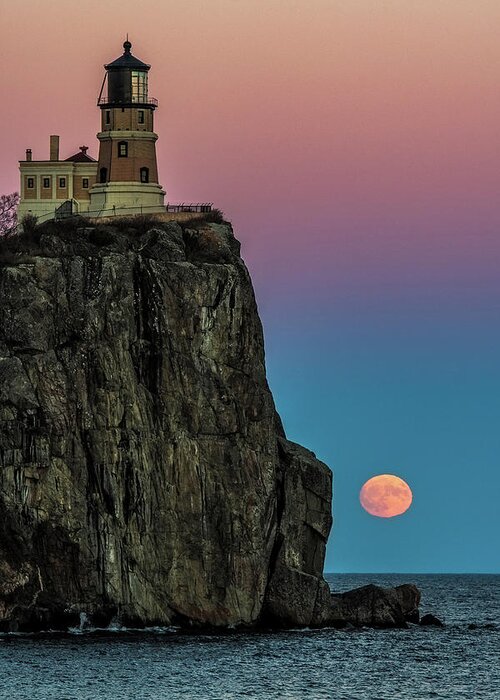 Split Rock Lighthouse Greeting Card featuring the photograph Split Rock Super Moon by Paul Freidlund