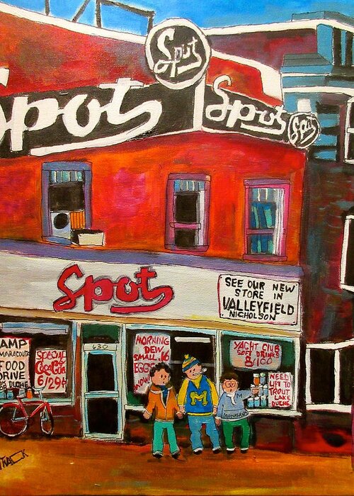 Spot Supermarket Greeting Card featuring the painting Spot Supermarket Lachine 1950's by Michael Litvack