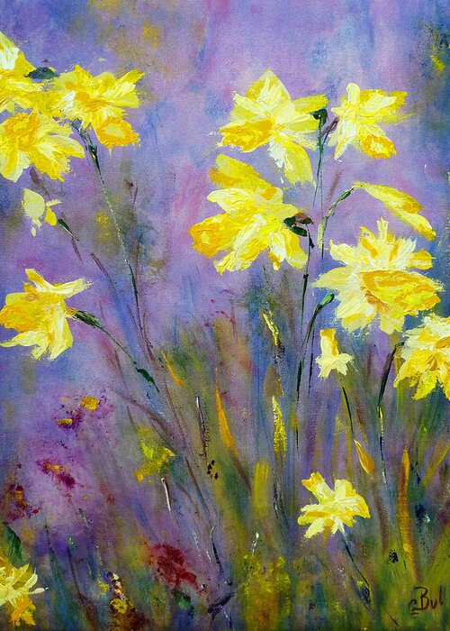 Floral Art Greeting Card featuring the painting Spring Daffodils by Claire Bull