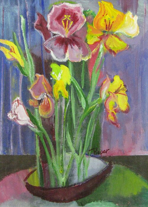 Flowers Greeting Card featuring the painting Spring Flowers in a Dish by Betty Pieper