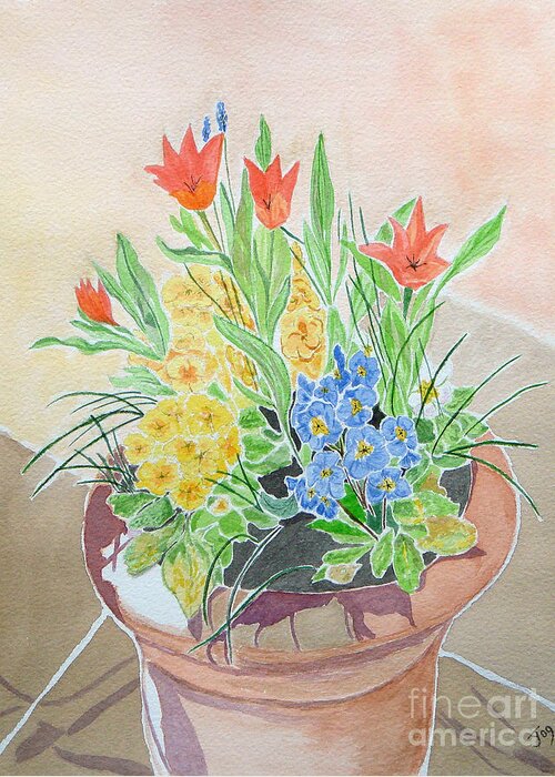 Spring Flowers Greeting Card featuring the painting Spring Flowers in Pot by Yvonne Johnstone