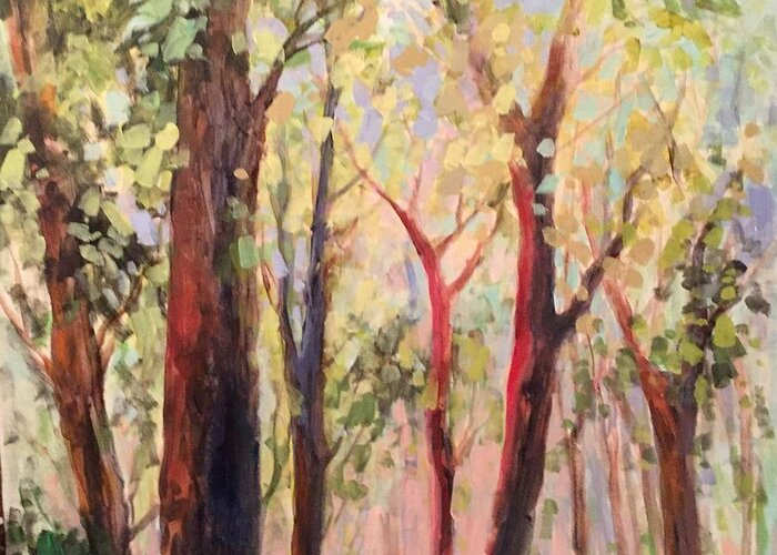 Trees Greeting Card featuring the painting Spring Green by Mary Scott