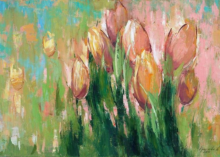 Tulips In The Grass Greeting Card featuring the painting Spring in unison by Anastasija Kraineva