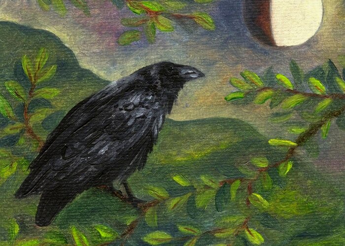 Lunar Greeting Card featuring the painting Spring Moon Raven by FT McKinstry