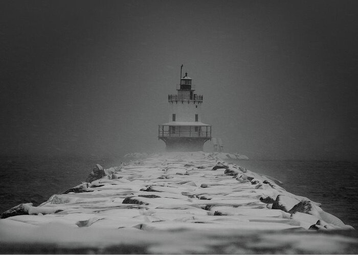 Sprint Point Greeting Card featuring the photograph Spring Point Ledge Lighthouse Blizzard in Black n White by Darryl Hendricks