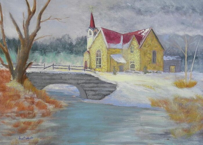 Church Snow Water Ice Bridge Storm Landscape Greeting Card featuring the painting Spring Prayer by Scott W White