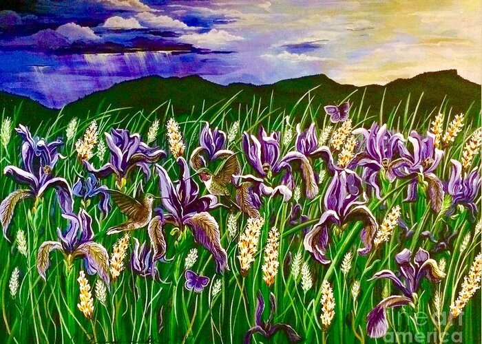Storm Greeting Card featuring the painting Spring Storm Iris Fields by Jennifer Lake