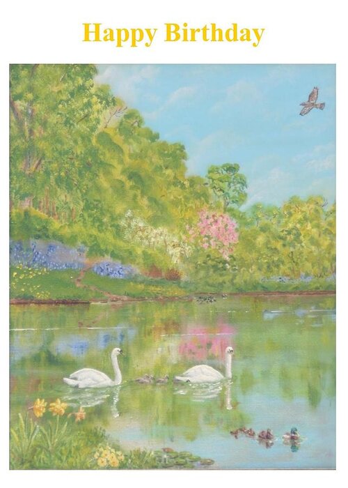 Spring Greeting Card featuring the painting Spring swans birthday by David Capon