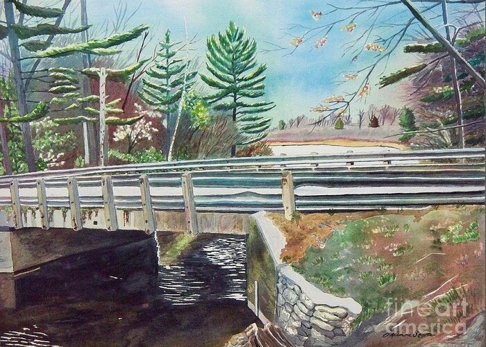 Bridge Greeting Card featuring the painting Springtime at Bass Lake Bridge by LeAnne Sowa