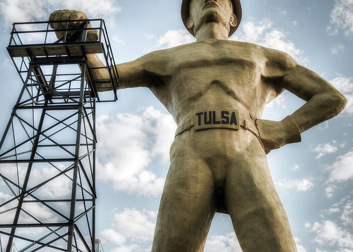 America Greeting Card featuring the photograph Square Format Tulsa Oklahoma Golden Driller - Vintage by Gregory Ballos