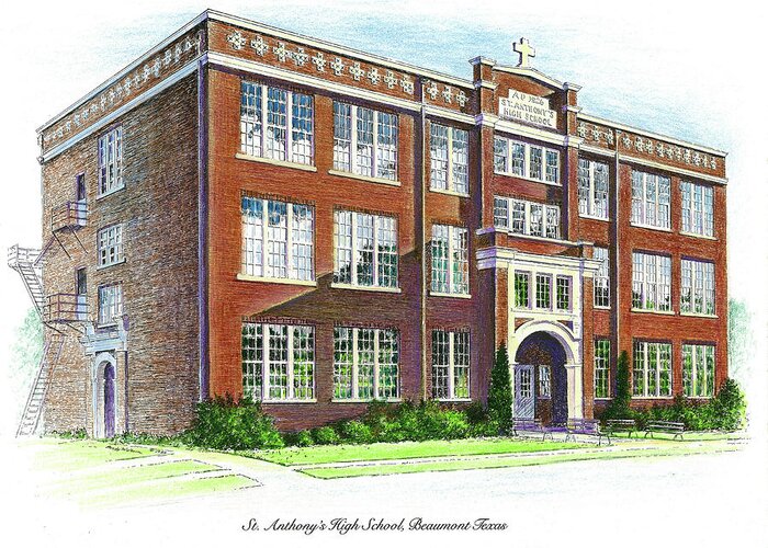 St. Anthony's Greeting Card featuring the drawing St. Anthony's High School by Randy Welborn