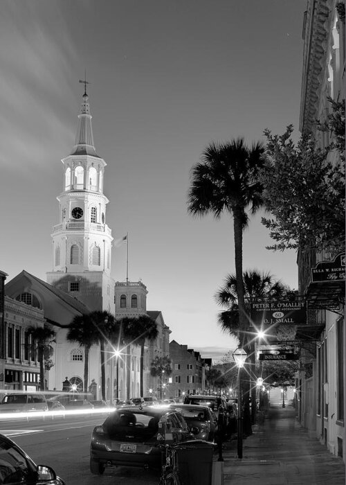 St Michaels Church Greeting Card featuring the photograph St Michaels Church Charleston Black and White at Night by Dustin K Ryan