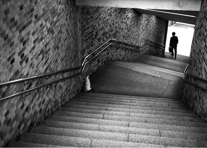 Black Greeting Card featuring the photograph Stairs to subway - Tokyo, Japan - Black and white street photography by Giuseppe Milo