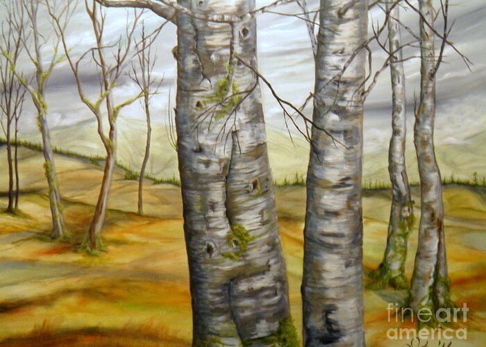 Trees Branches Moss Grasses Fields Rolling Meadows Hills Mountains Clouds Mist Sky Light Shadow Forest Alders Yellow Grey Blue Brown Green White Ochre Sienna Orange Landscape Foreground Background Greeting Card featuring the painting Stand still by Ida Eriksen