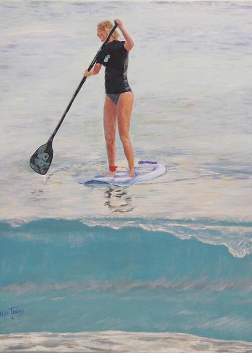 Sup Greeting Card featuring the painting Stand-up Paddleboarder at Waveland by Mike Jenkins